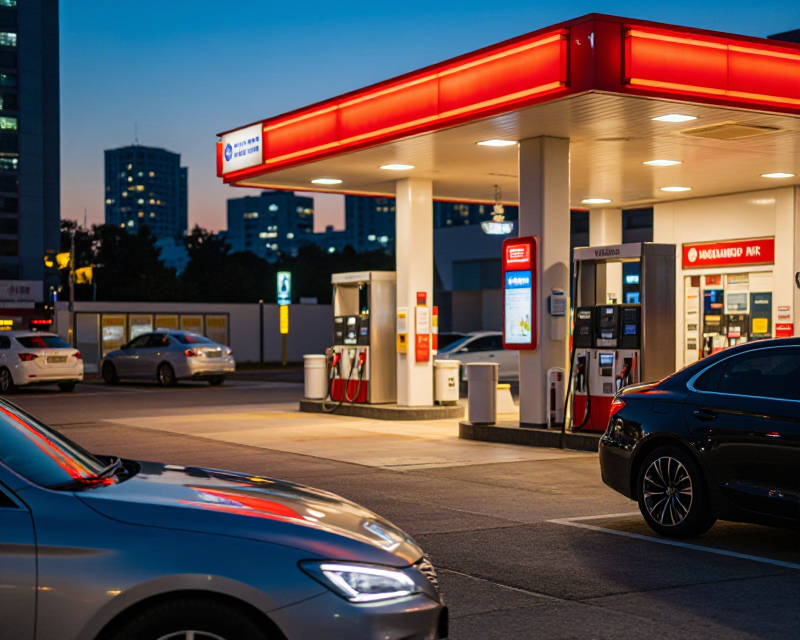 A cinematic gas station in South Korea at twilight