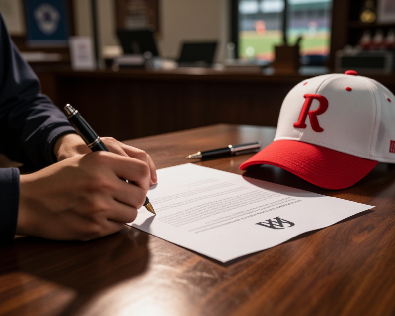 A cinematic moment of a young Korean baseball player signing a contract